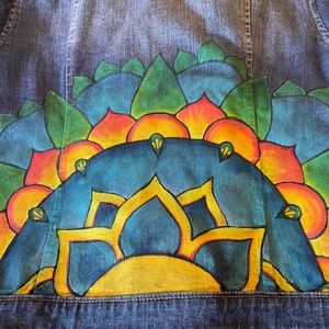 Striking HAND PAINTED jean jacket. Boho mandala upcycled Mossimo brand size Med.